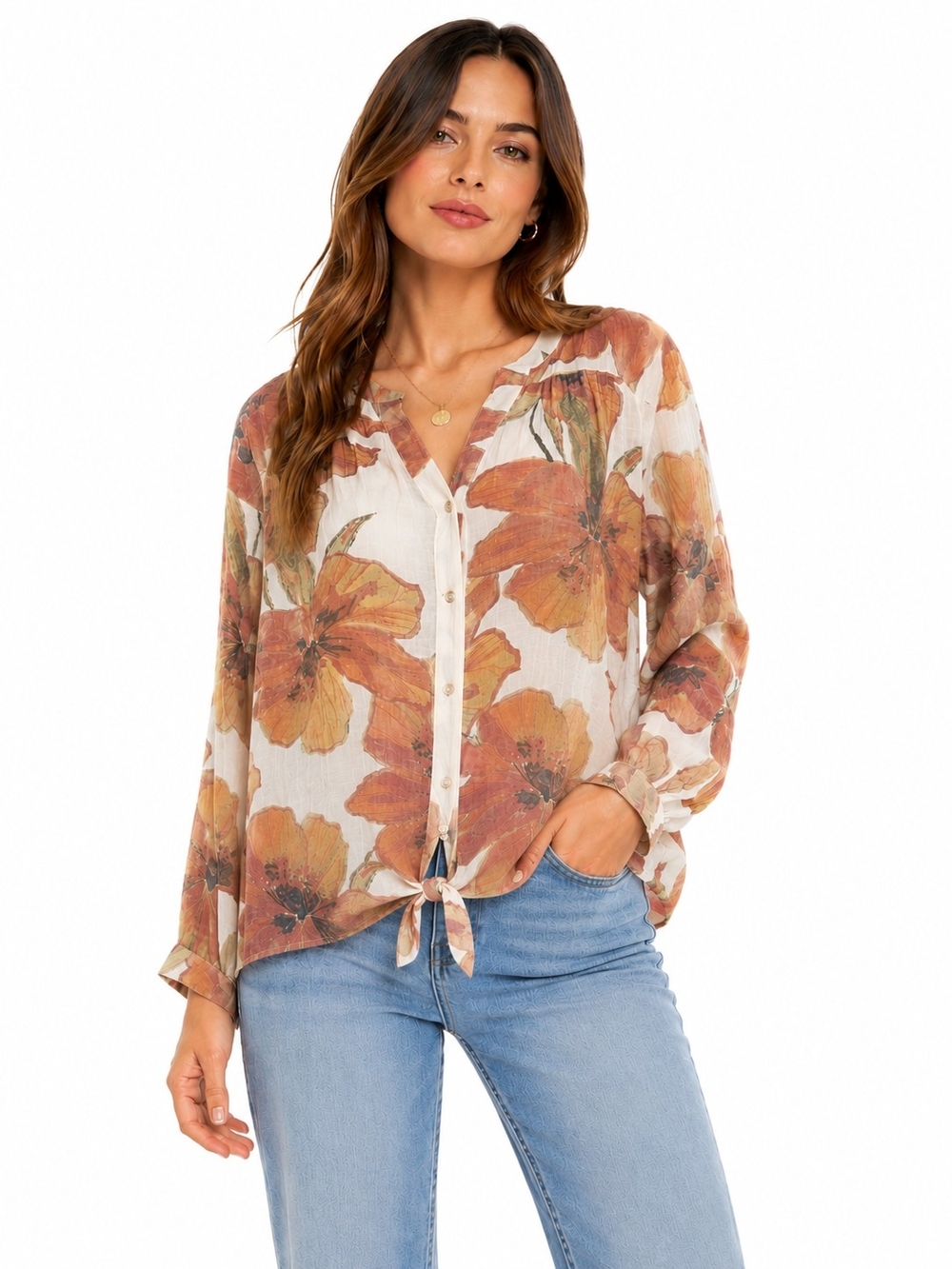 Floral Tie-Front Long Sleeve Blouse - Cream & Brown NWT